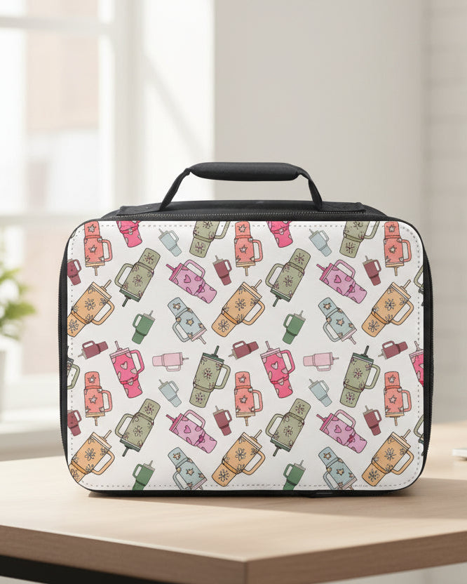 Rectangular lunch bag with colorful thermos pattern on a white background