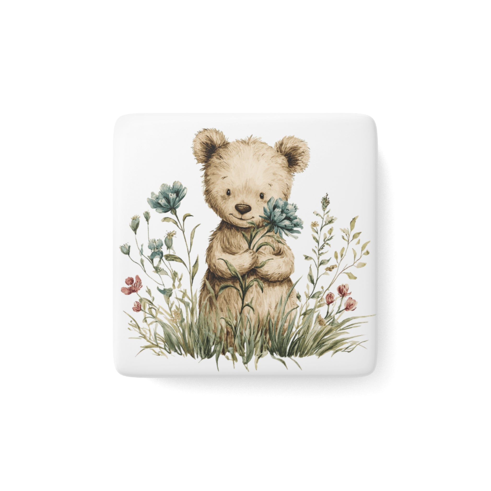 Square porcelain magnet with an Illustration of a teddy bear holding flowers with a white background