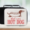 insulated lunch bag with dachshund and hot dog graphic and text 'that's one HOT DOG' on a white background