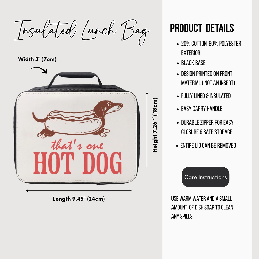 Insulated lunch bag with a dachshund as a hot dog design and product details on a white background