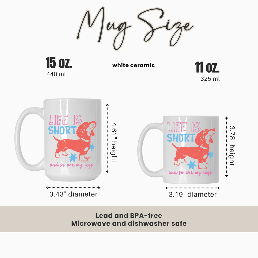 Mug size comparison chart with two mugs and measurements on a white background
