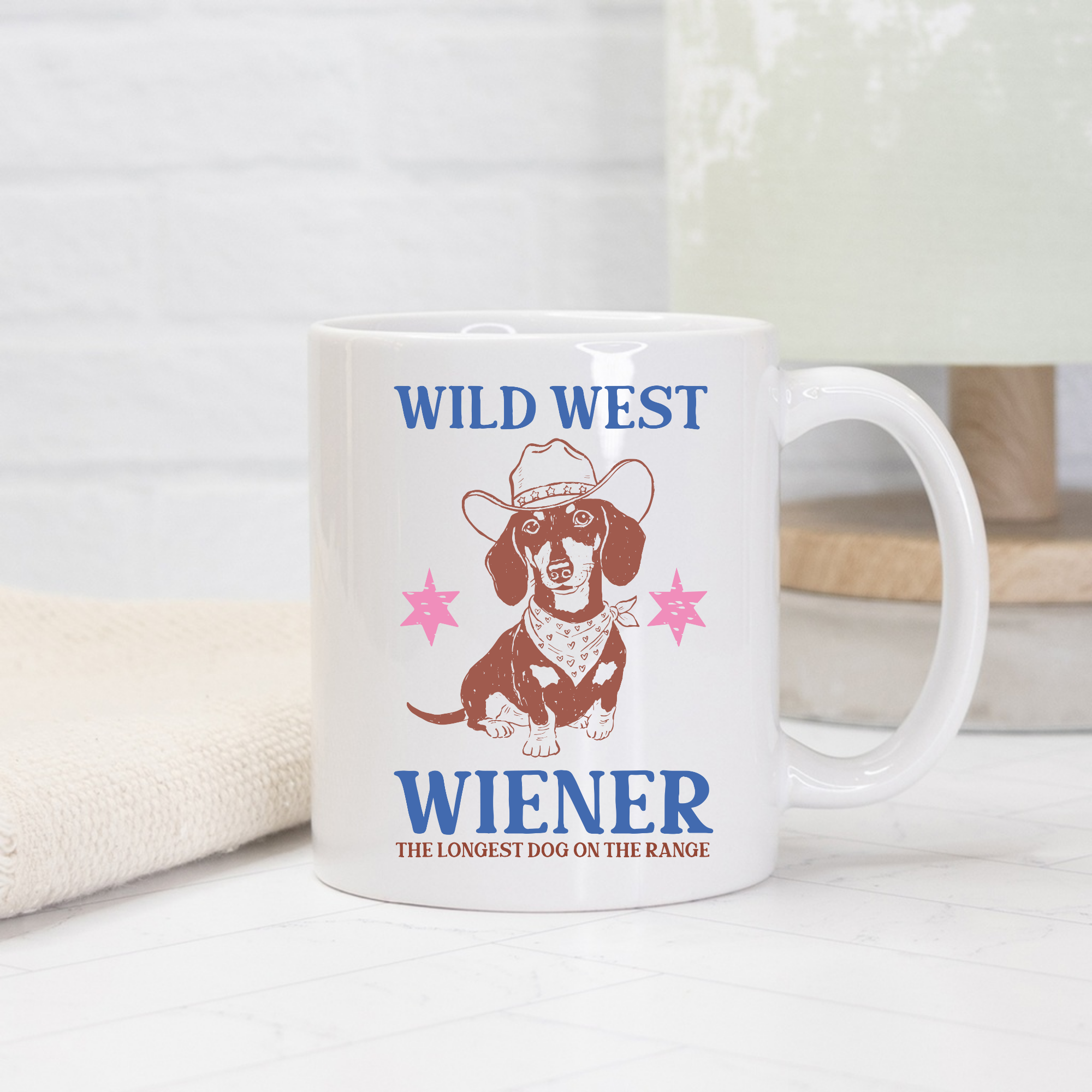 White 11oz. mug with a dachshund graphic and text on a white background