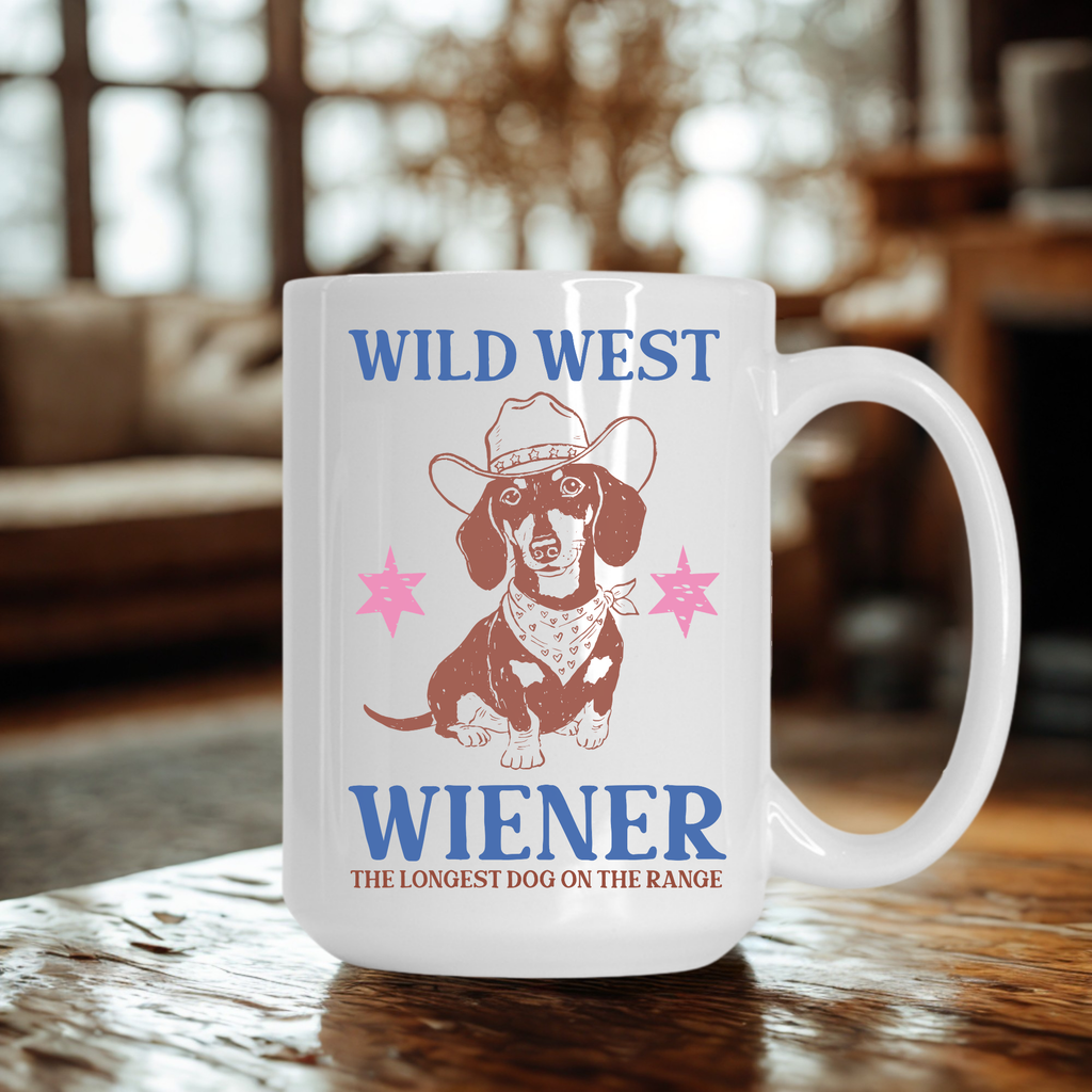 White 15oz. mug with a dachshund graphic and text on a wooden table.