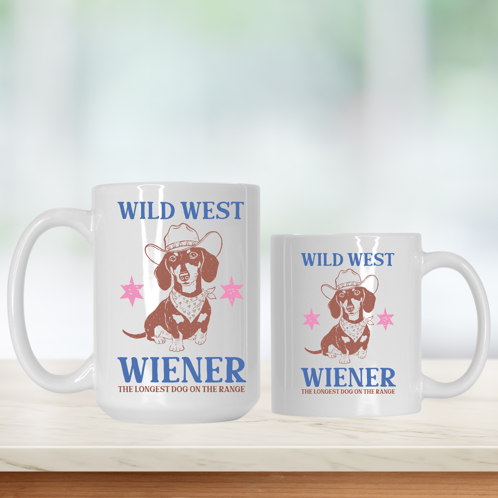 Two white mugs with a cowboy-themed design featuring a dog and text on a light background.