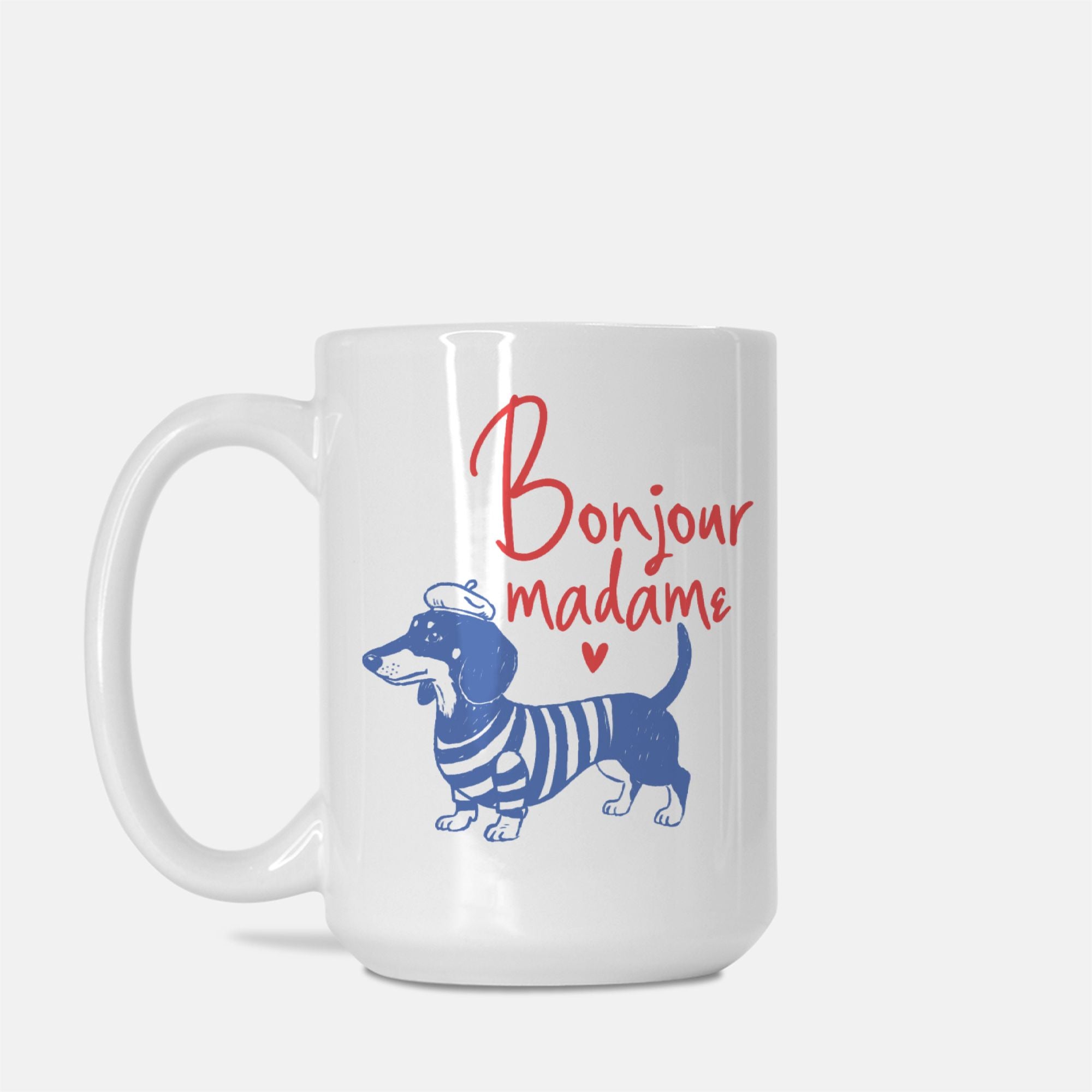 White 15oz. mug with a blue dachshund illustration and 'Bonjour madame' text on a white background