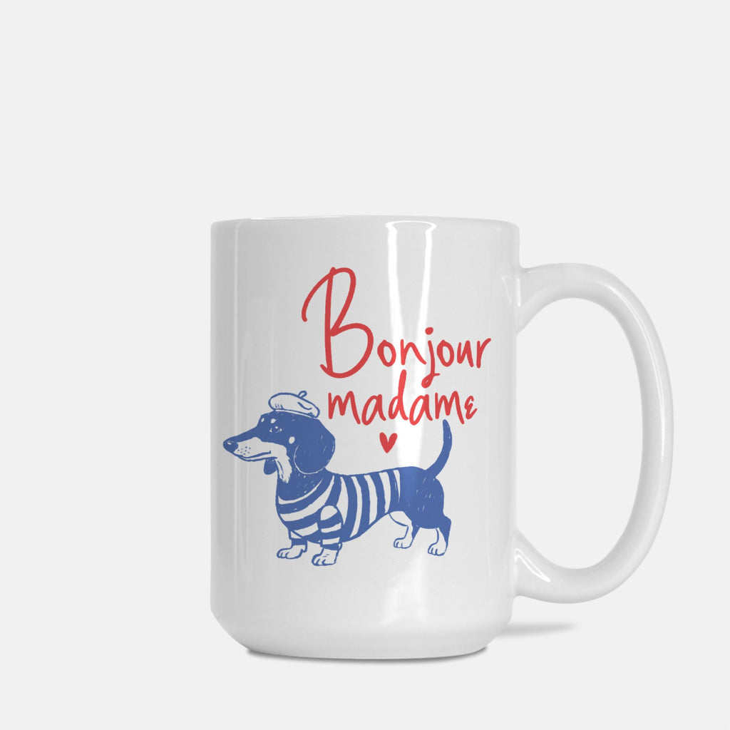 White 15oz. mug with a dachshund illustration and 'Bonjour madame' text on a white background