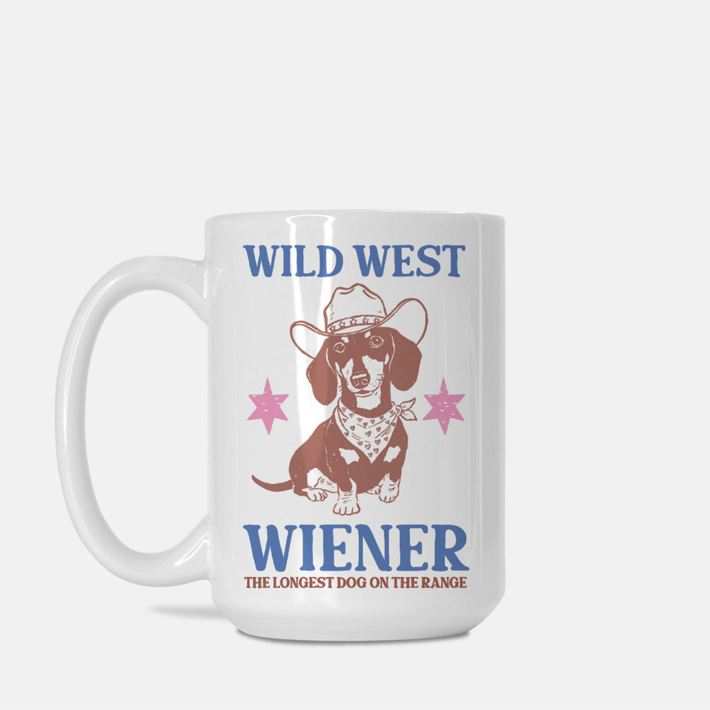 White 15oz. mug with a dachshund graphic and text on a white background