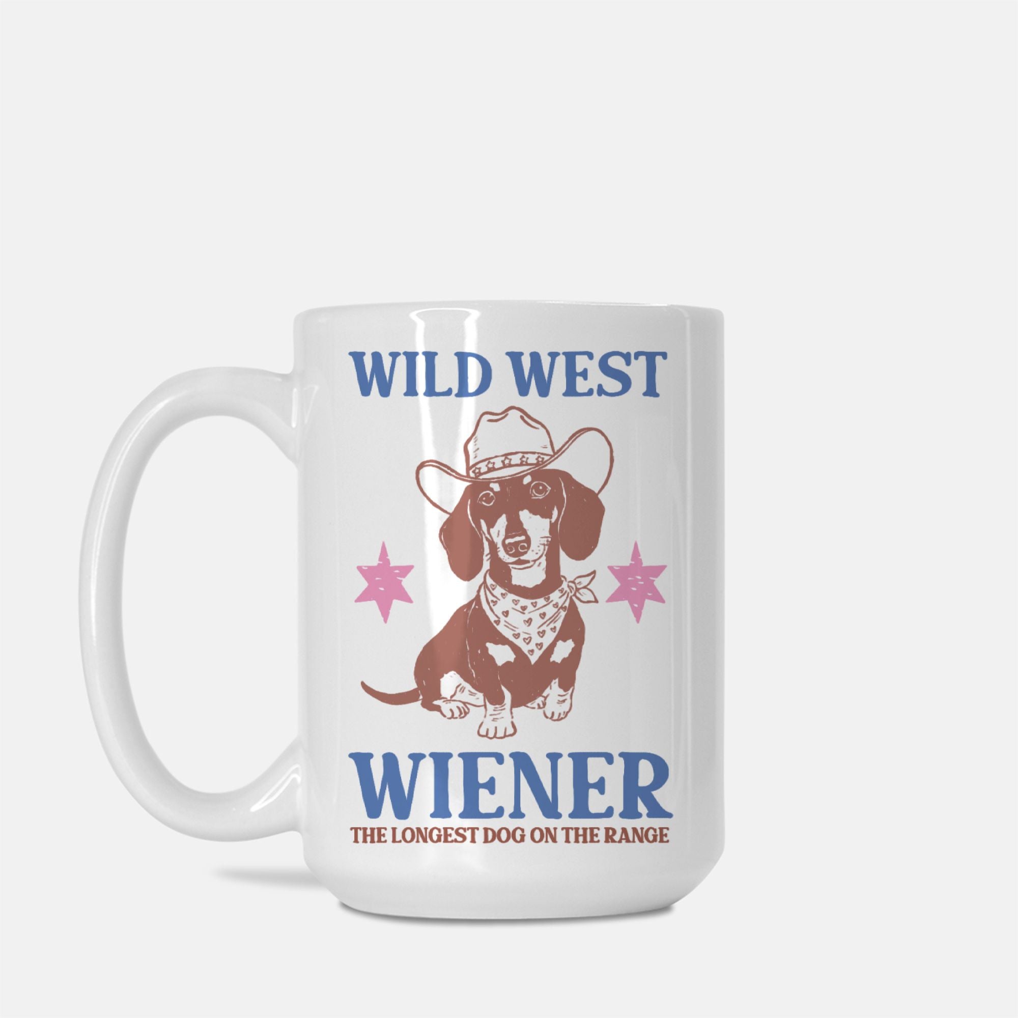 White 15oz. mug with a dachshund graphic and text on a white background