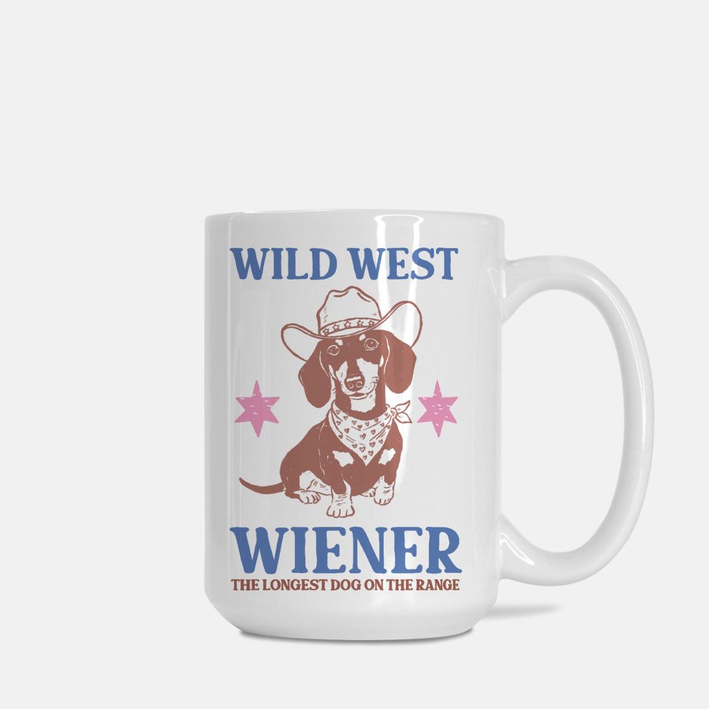15oz. Mug with a dachshund graphic and text 'Wild West Wiener' on a white background