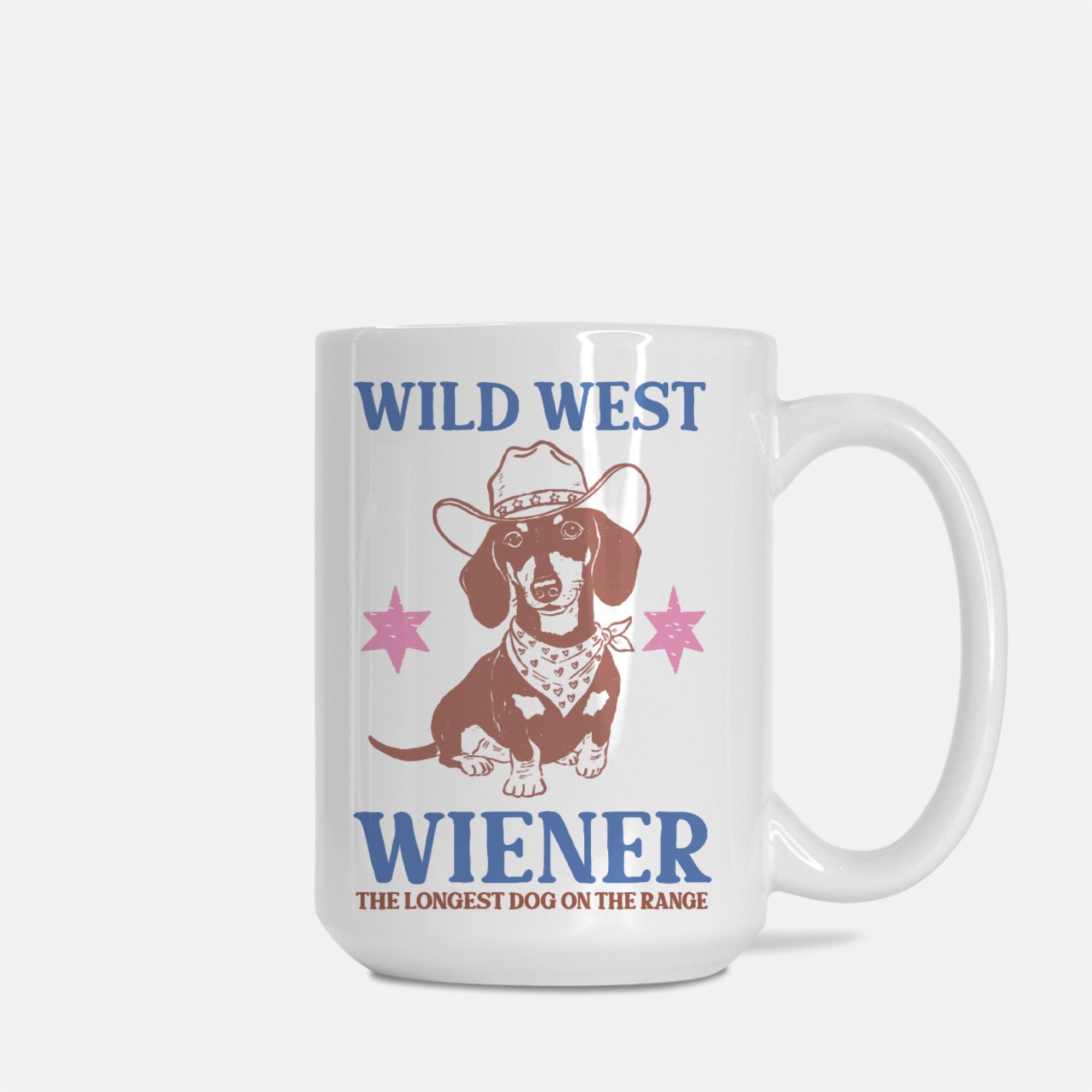 15oz. Mug with a dachshund graphic and text 'Wild West Wiener' on a white background