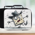 Lunch bag with a cartoon cheese character design on a blurred background