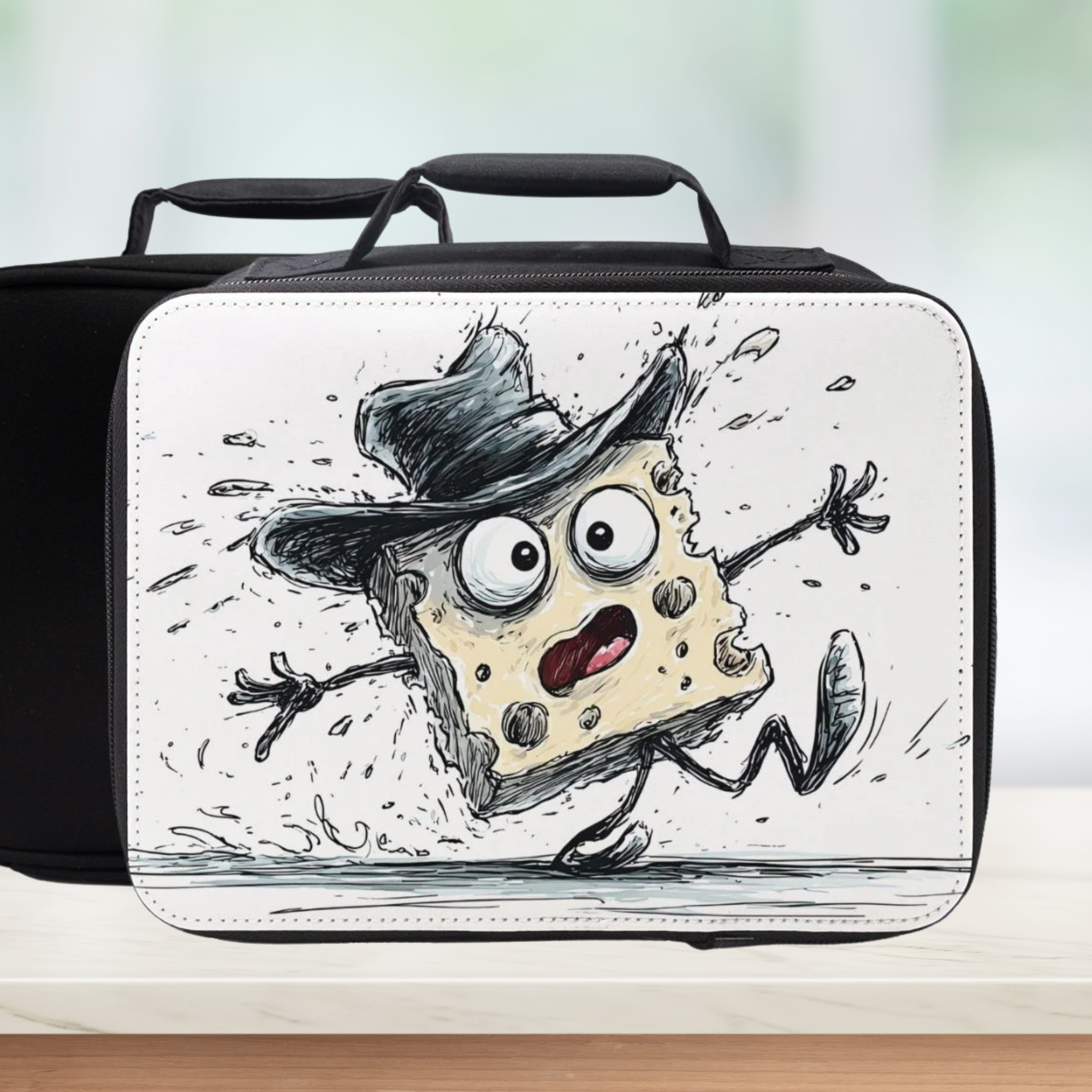 Lunch bag with a cartoon cheese character design on a blurred background