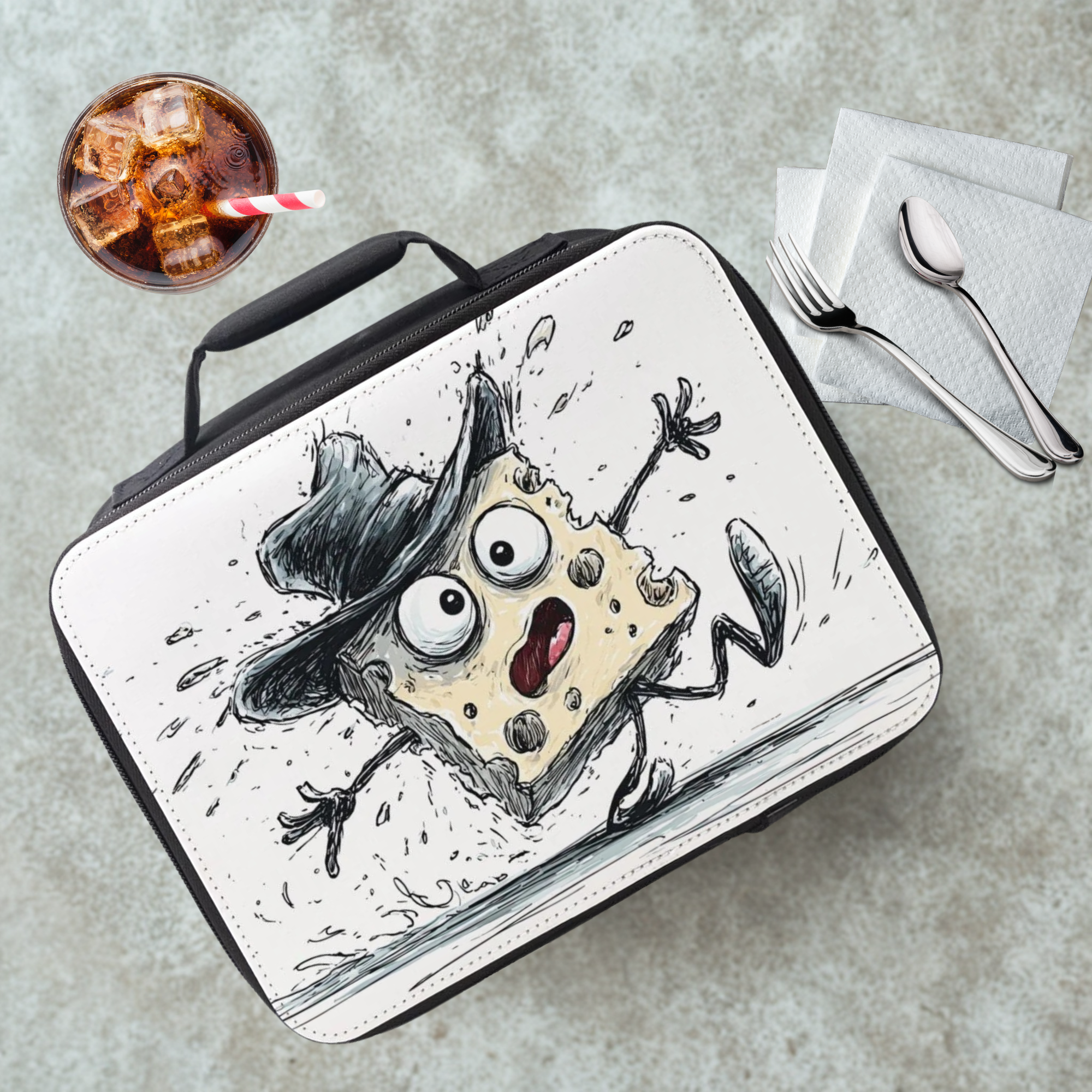 Lunch bag with a cartoon cheese character design on a cafeteria table with a drink and utensils.