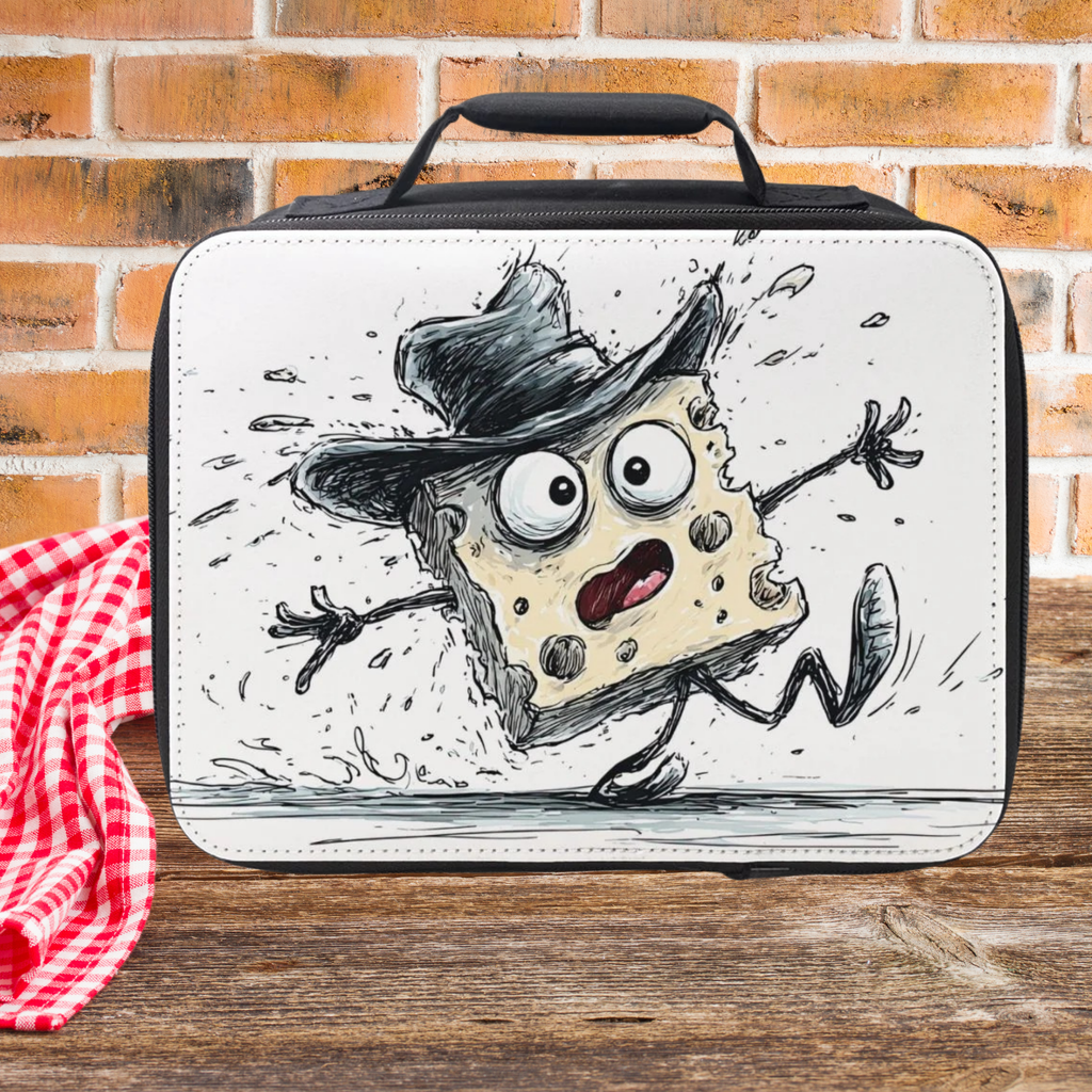 Lunch bag with cartoon character design on a picnic table against a brick wall background