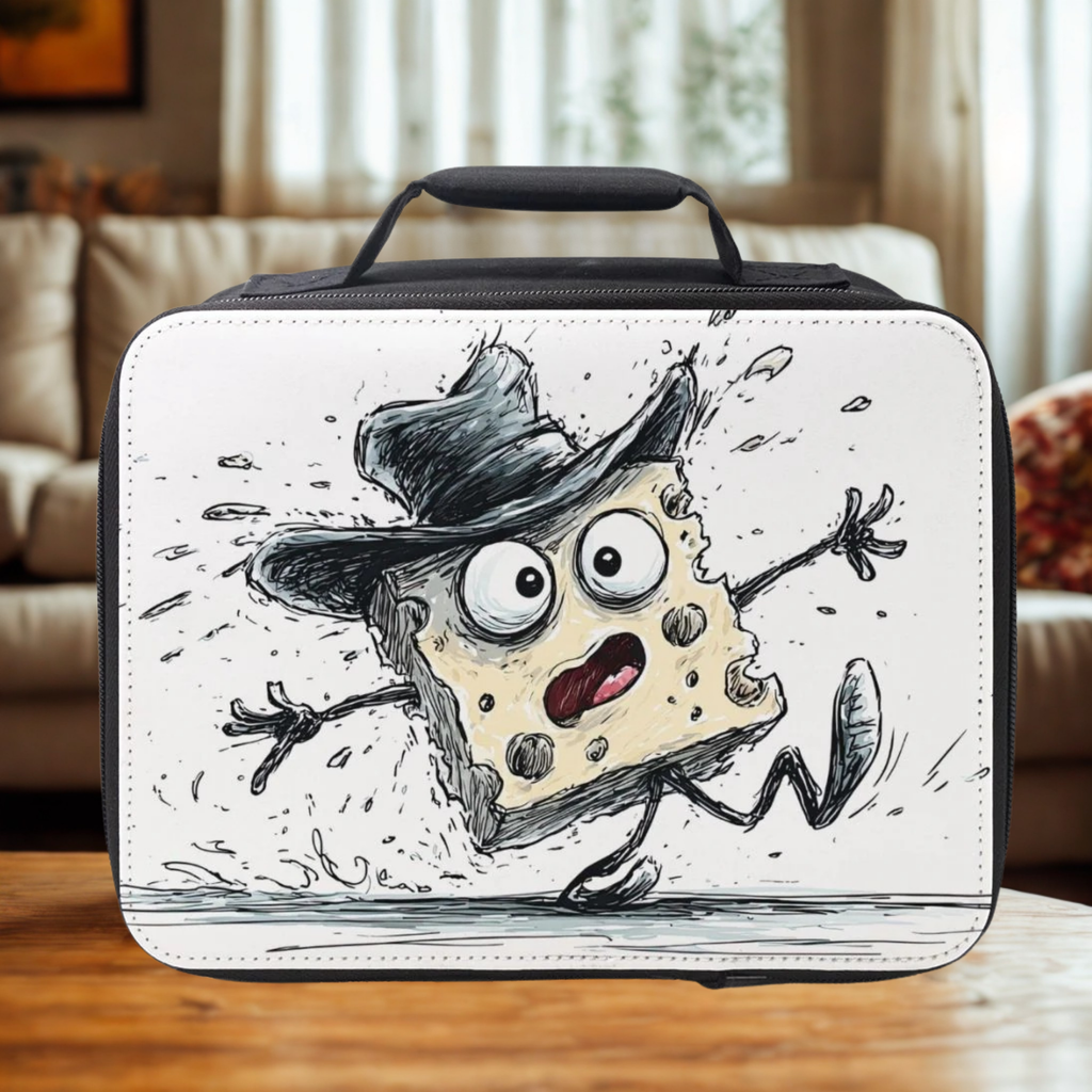  insulated lunch bag with cartoon character design on a wooden table in a living room
