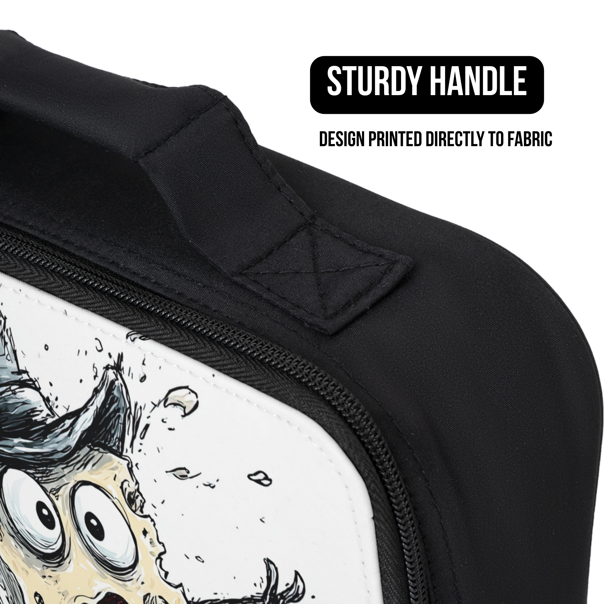 Black lunch bag with a printed design on fabric, featuring a sturdy handle.