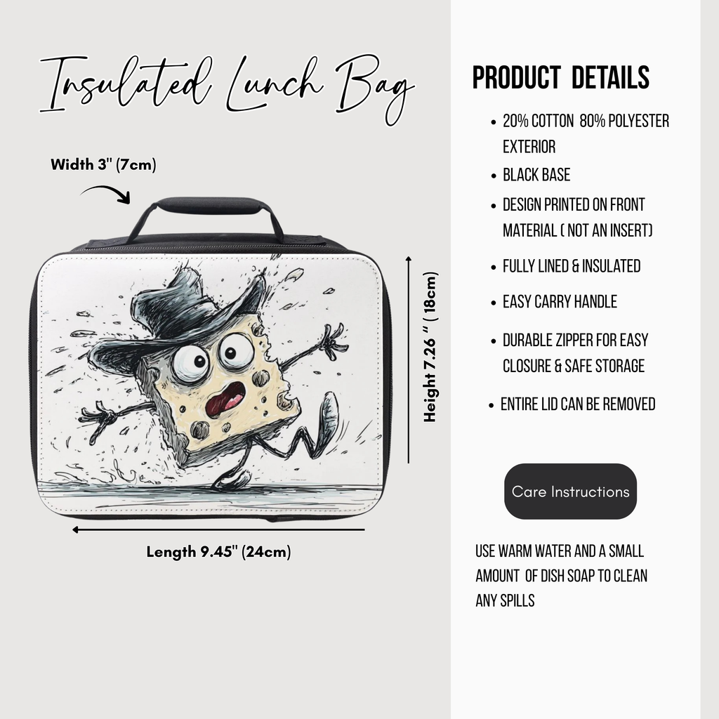 Insulated lunch bag with cartoon cheese character design, featuring dimensions and product details.