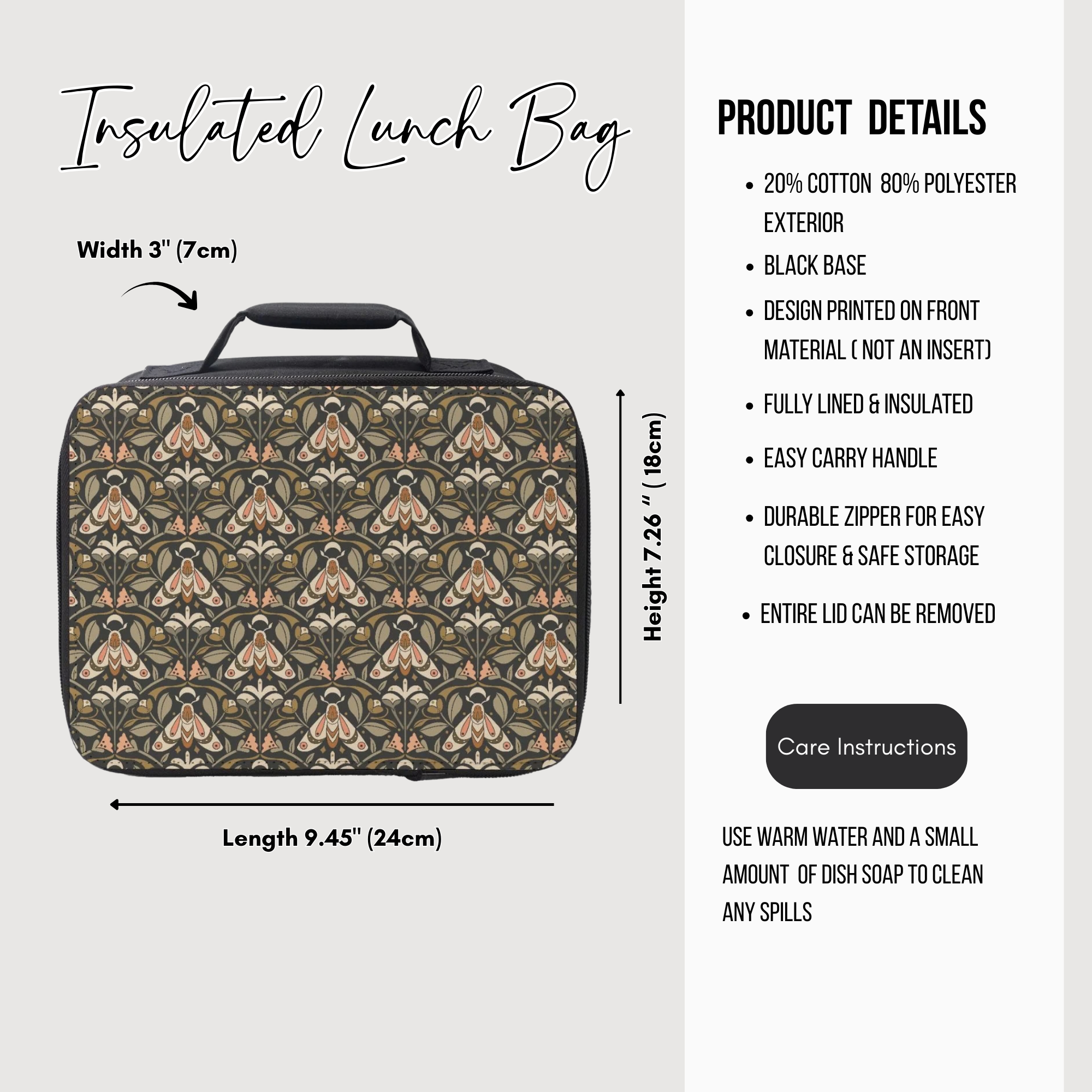 Insulated lunch bag with moth pattern, dimensions, and product details on a light gray background.