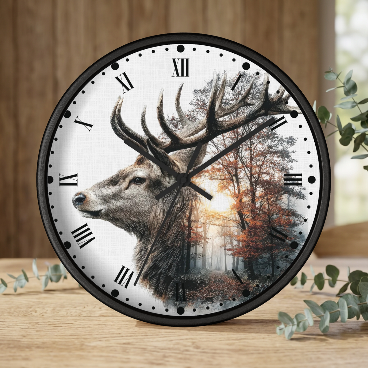 Deer Forest Wall Clock — Rustic Stag Sunset Woodland Decor