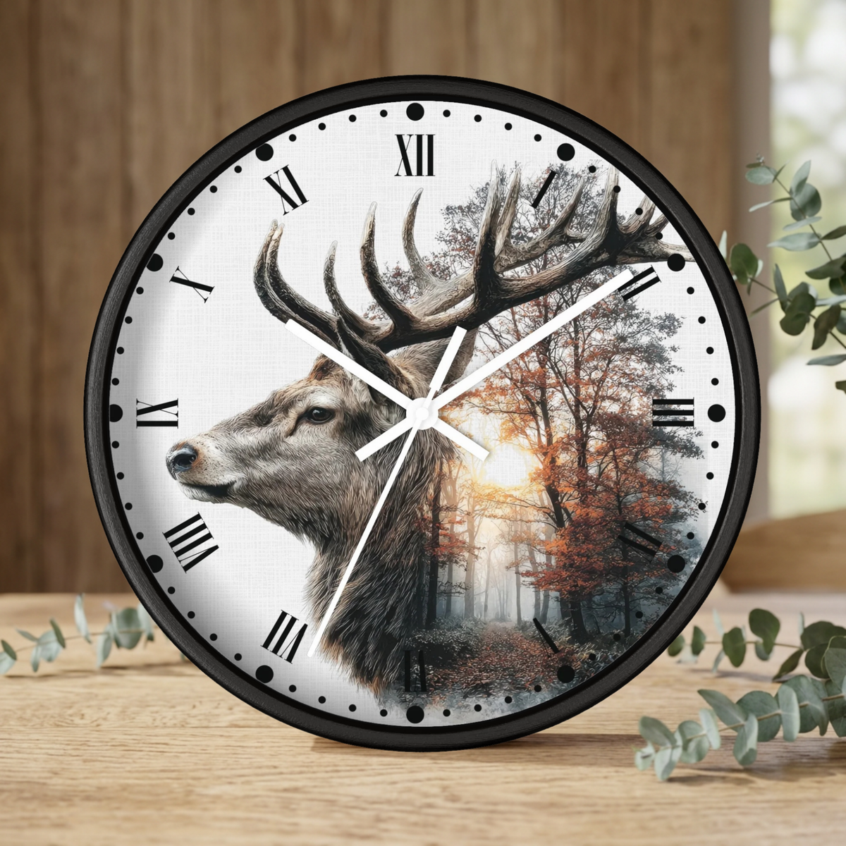 Deer Forest Wall Clock — Rustic Stag Sunset Woodland Decor