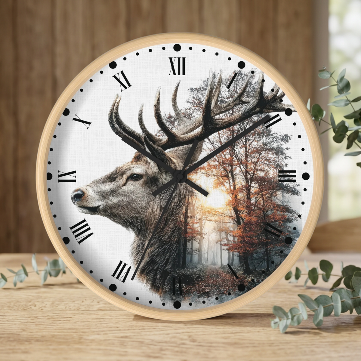 Deer Forest Wall Clock — Rustic Stag Sunset Woodland Decor