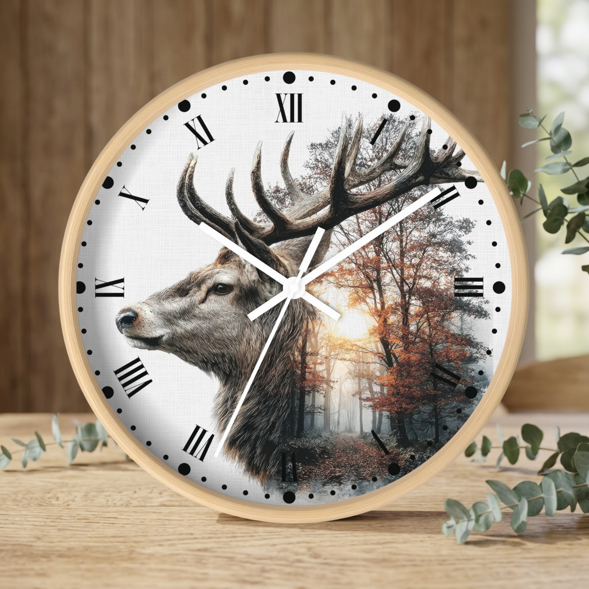 Deer Forest Wall Clock — Rustic Stag Sunset Woodland Decor