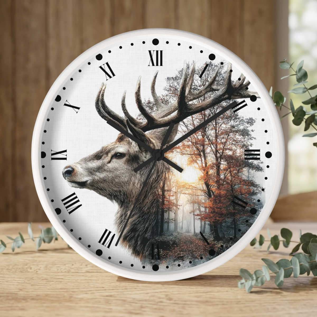 Deer Forest Wall Clock — Rustic Stag Sunset Woodland Decor
