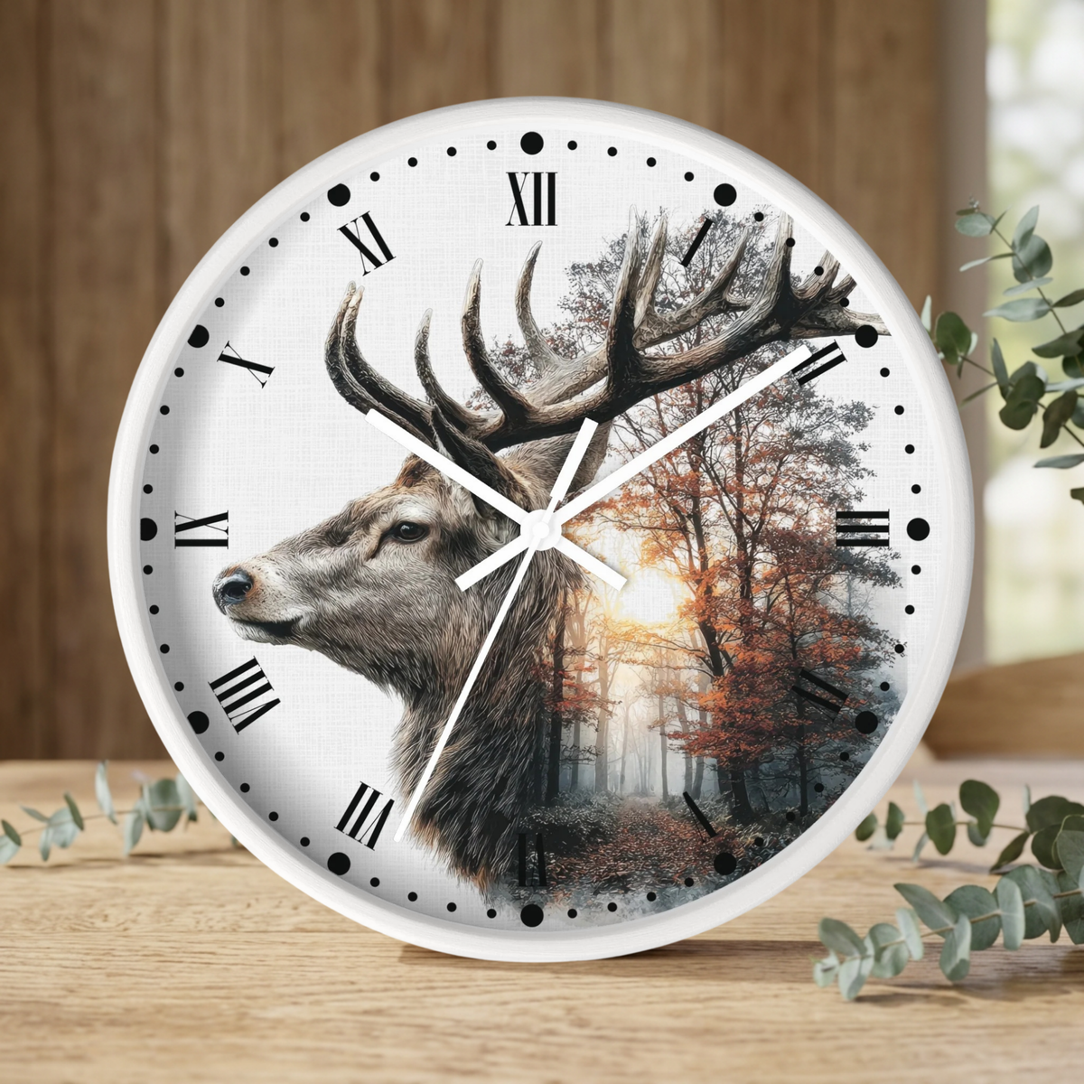 Deer Forest Wall Clock — Rustic Stag Sunset Woodland Decor