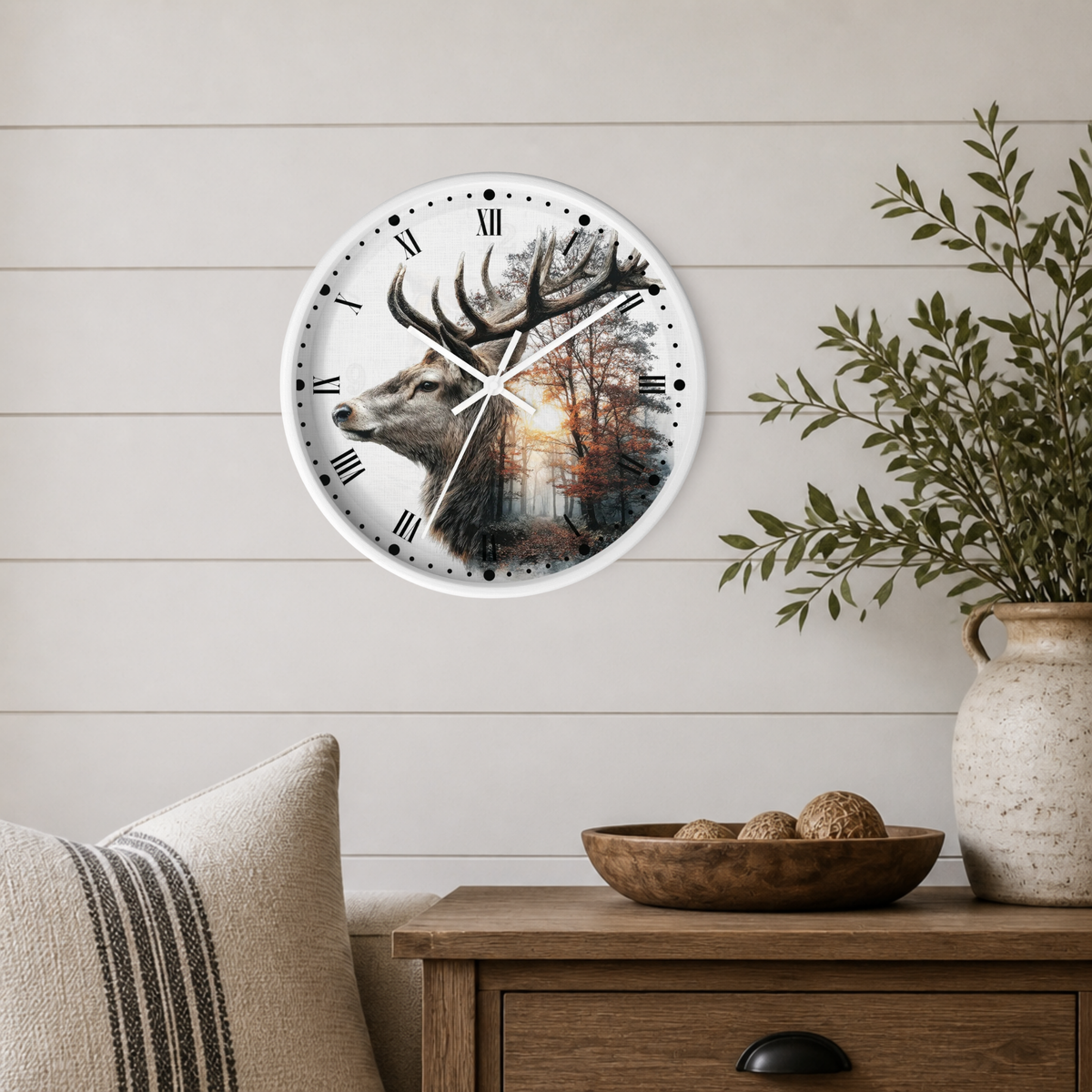 Deer Forest Wall Clock — Rustic Stag Sunset Woodland Decor