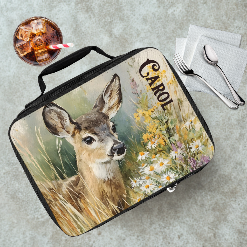 Lunch bag with a deer design and 'Carol' text on a table with a drink and utensils.
