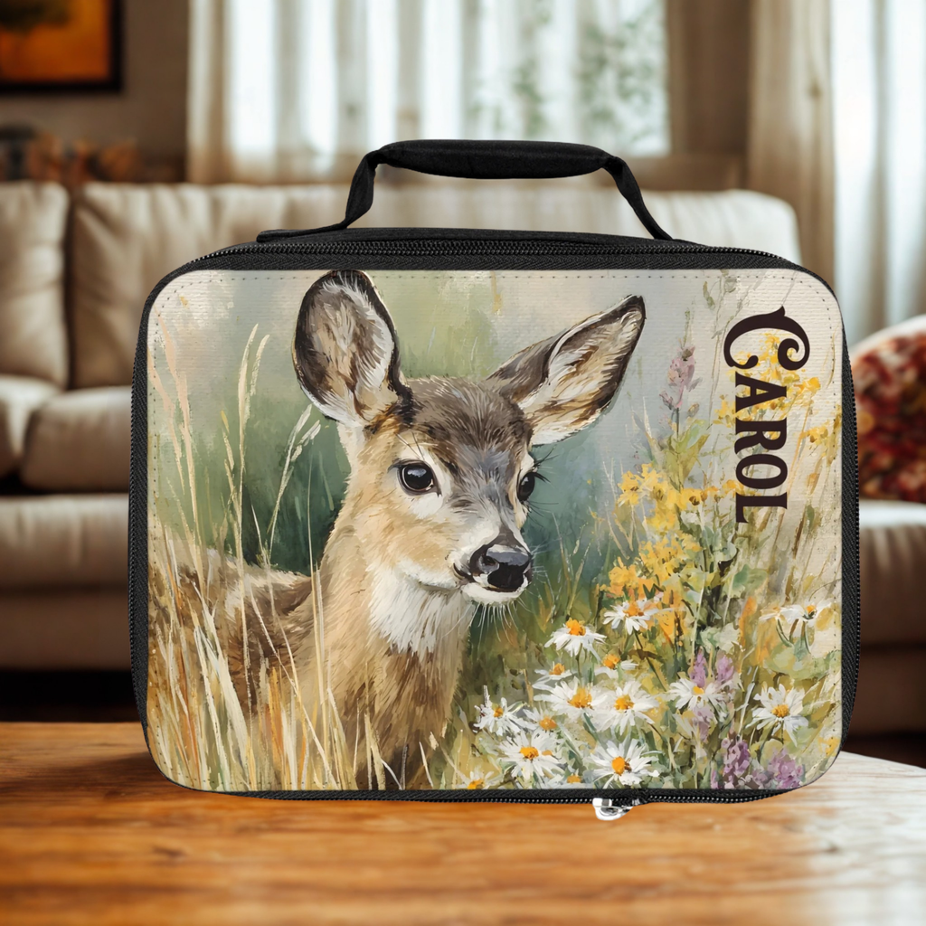  insulated lunch bag with a deer design and 'Carol' text on a wooden living room table.