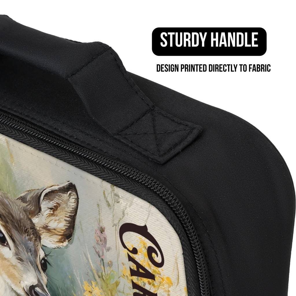 Black lunch bag with a design printed directly to fabric, featuring a handle and text indicating the material.