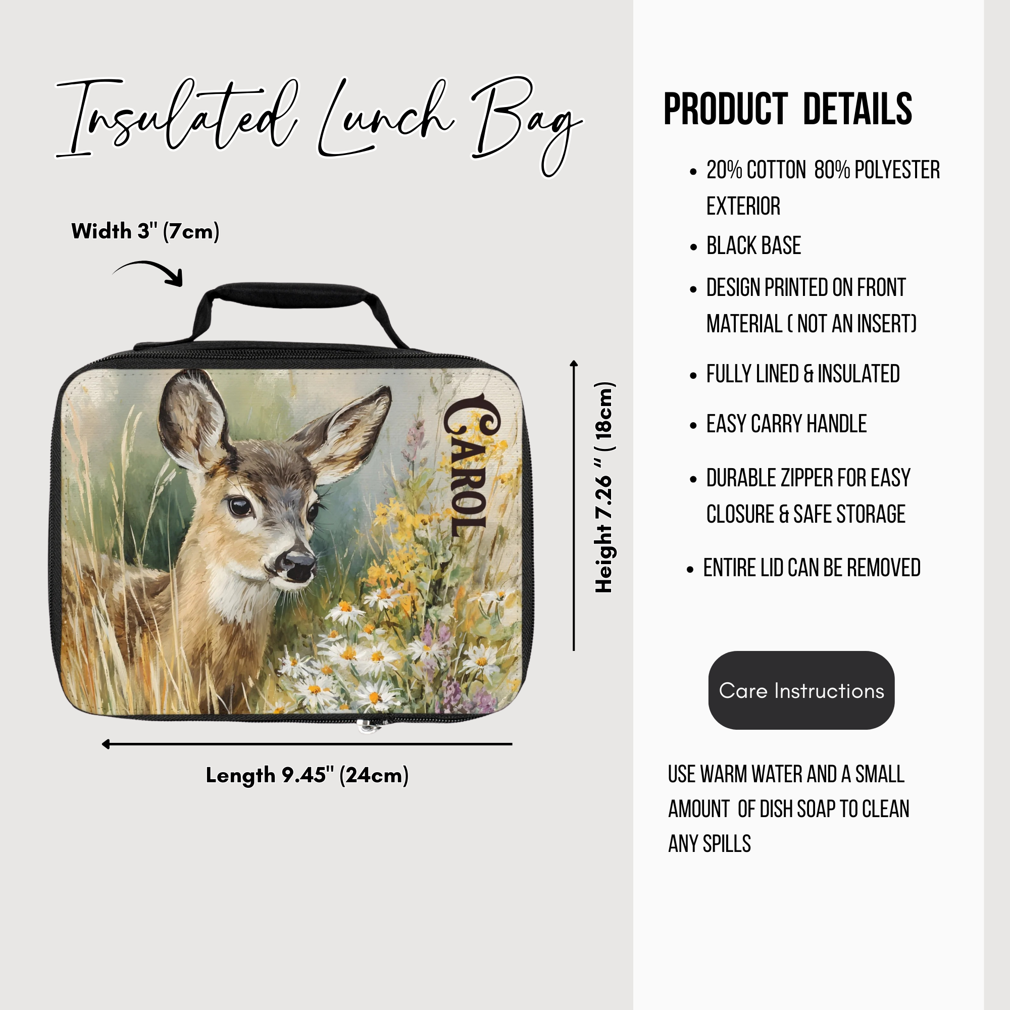 Insulated lunch bag with deer design and product details on a white background
