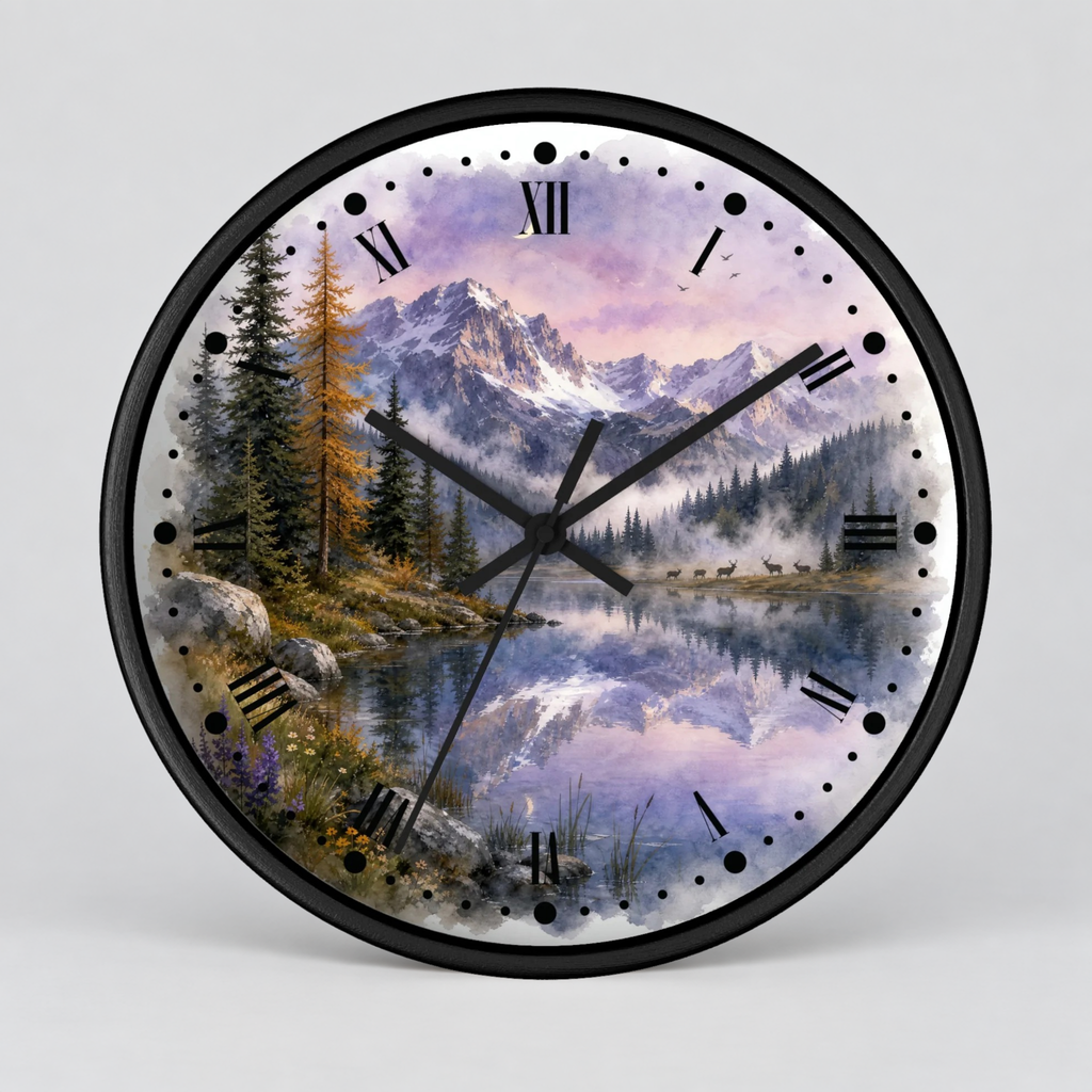 A round wall clock with a black frame and a scenic landscape print featuring mountains, pine trees, a lake, a herd of deer, and a purple sky. The clock face has black Roman numerals and black hands, photographed against a light gray background.