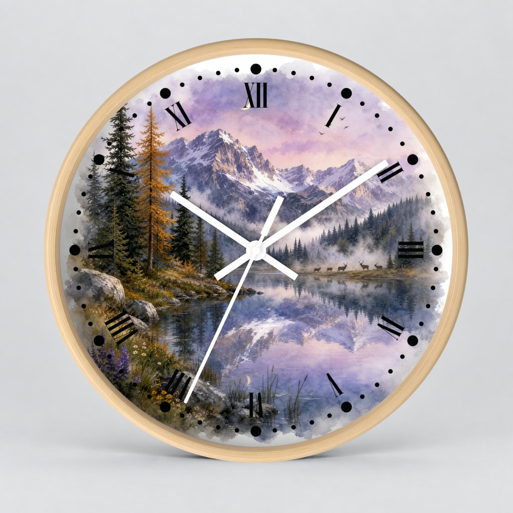 A round wall clock with a light wood frame and a scenic landscape print featuring mountains, pine trees, a lake, a herd of deer, and a purple sky. The clock face has black Roman numerals, black dot hour markers, and white clock hands against a light gray background.