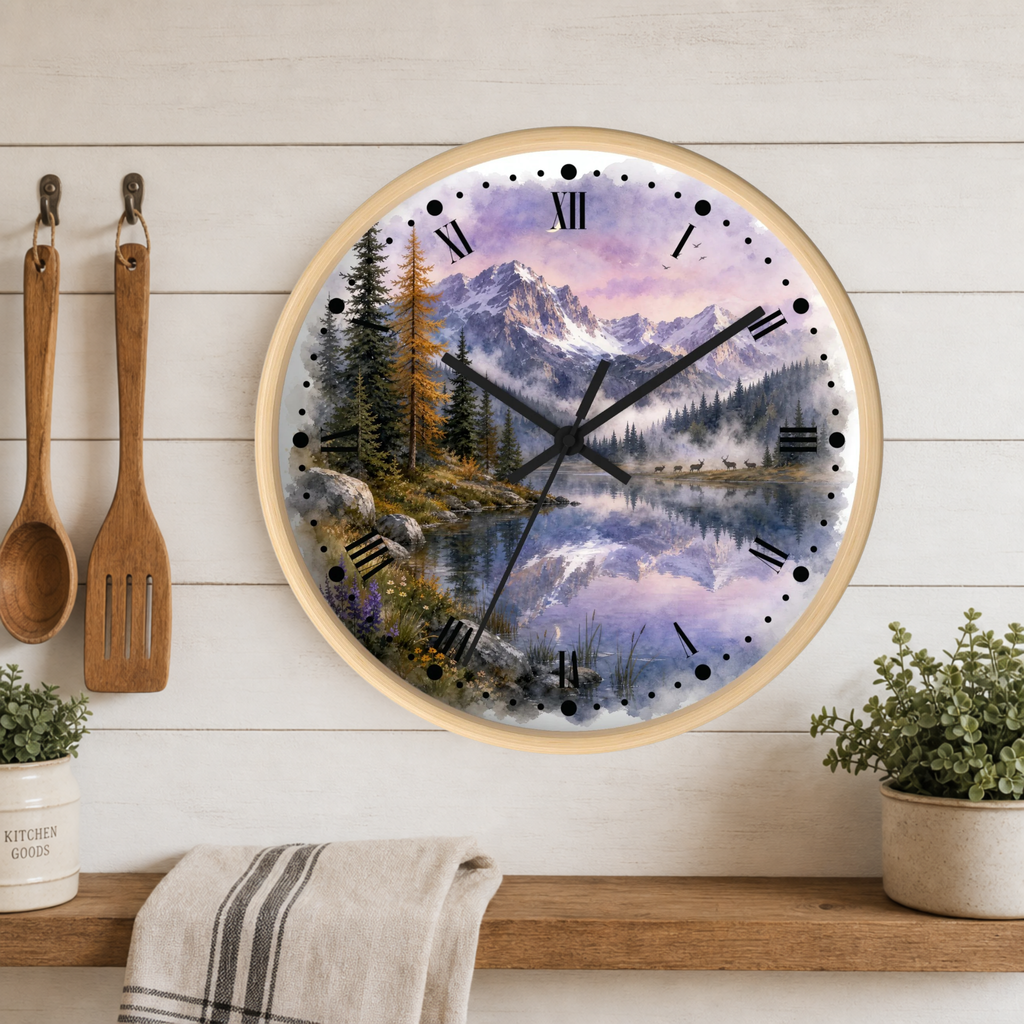 Round wall clock with a scenic mountain lake print, hanging on a white wood plank kitchen wall above a shelf with plants and a towel. Wooden kitchen utensils hang on the left.