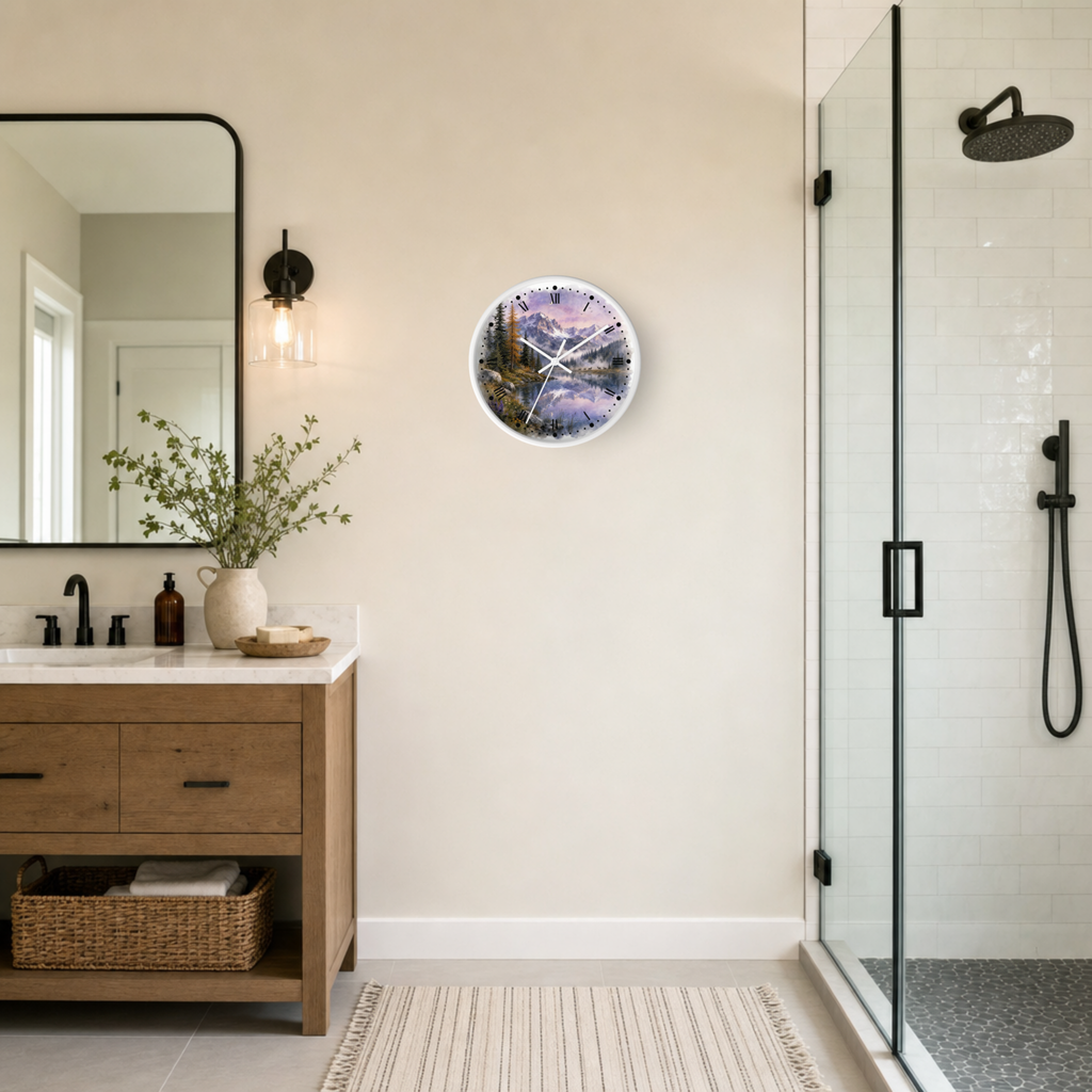 A round wall clock with a colorful scenic mountain landscape print hangs on a beige wall in a modern bathroom next to a wooden vanity and a glass shower enclosure.