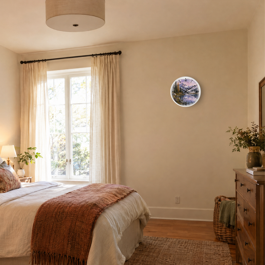 A round wall clock with a scenic mountain landscape print is mounted on a beige wall in a styled bedroom setting with a bed, window, and wooden dresser.