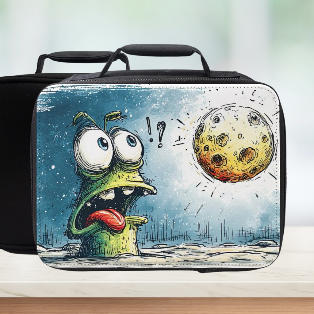 Black lunch bag with a cartoon character and moon design on a white background