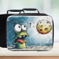 Black lunch bag with a cartoon character and moon design on a white background