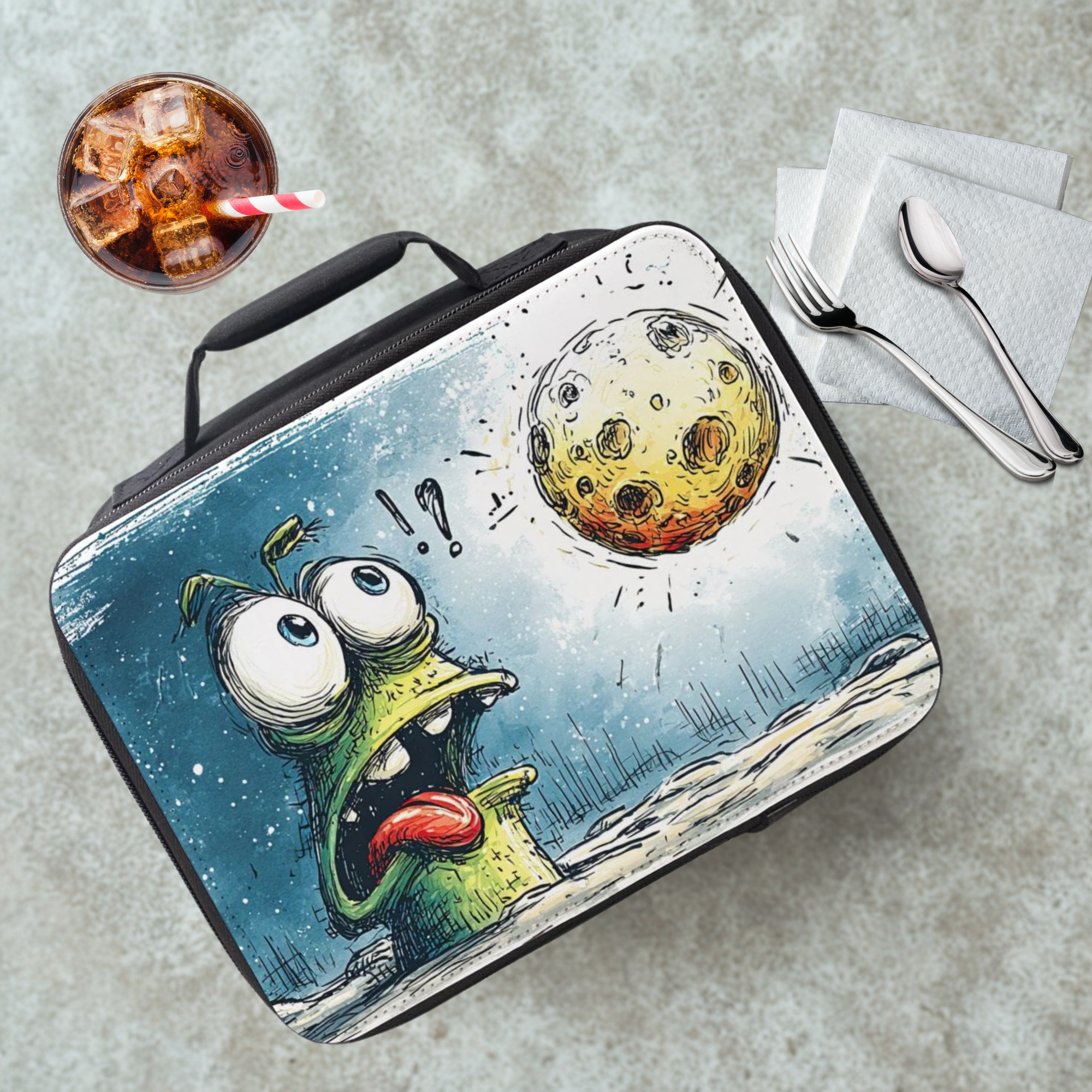 Lunch bag with a cartoon alien design on a cafeteria table with a drink and utensils.