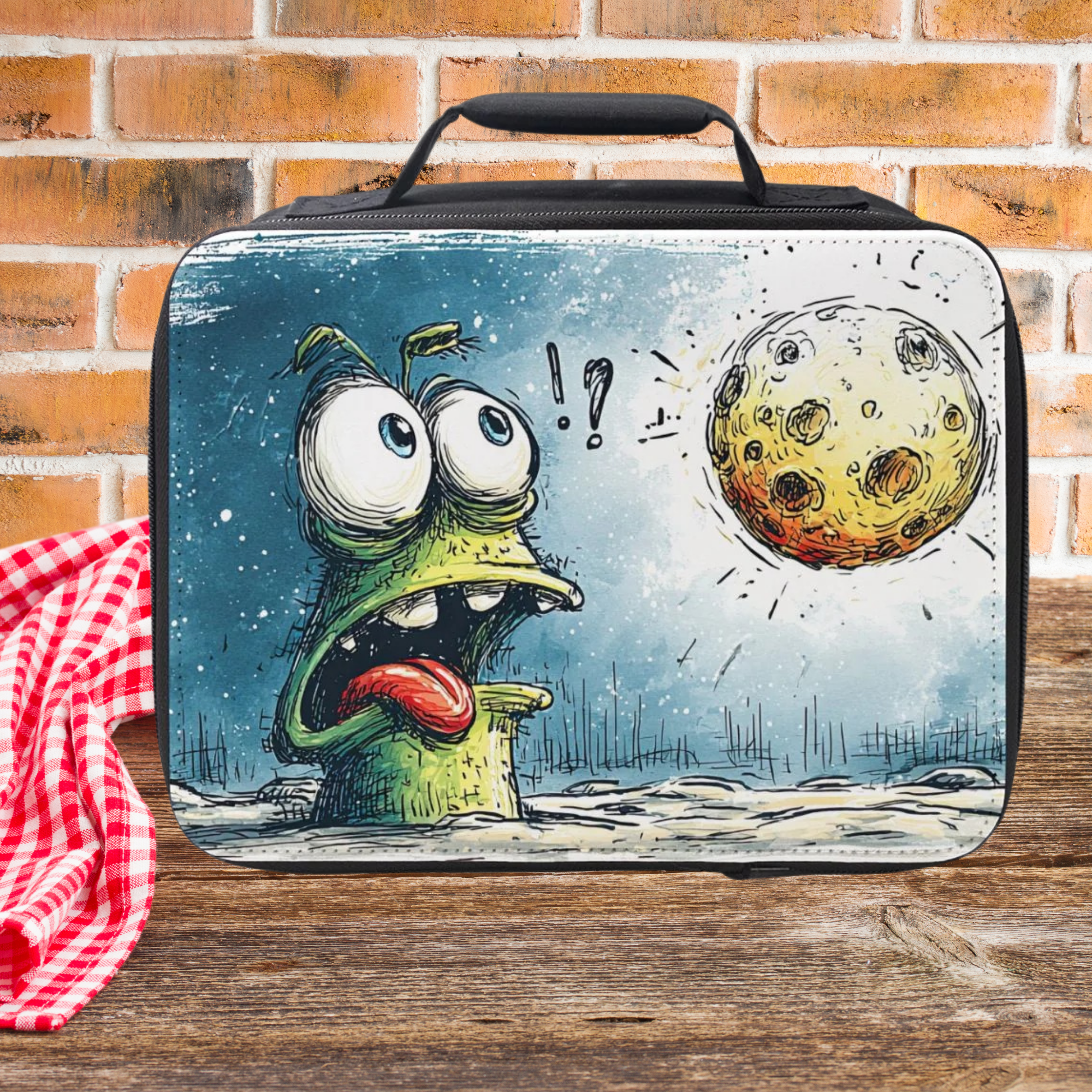  insulated lunch bag with cartoon design of a creature looking at the moon on a wooden picnic table against a brick wall background