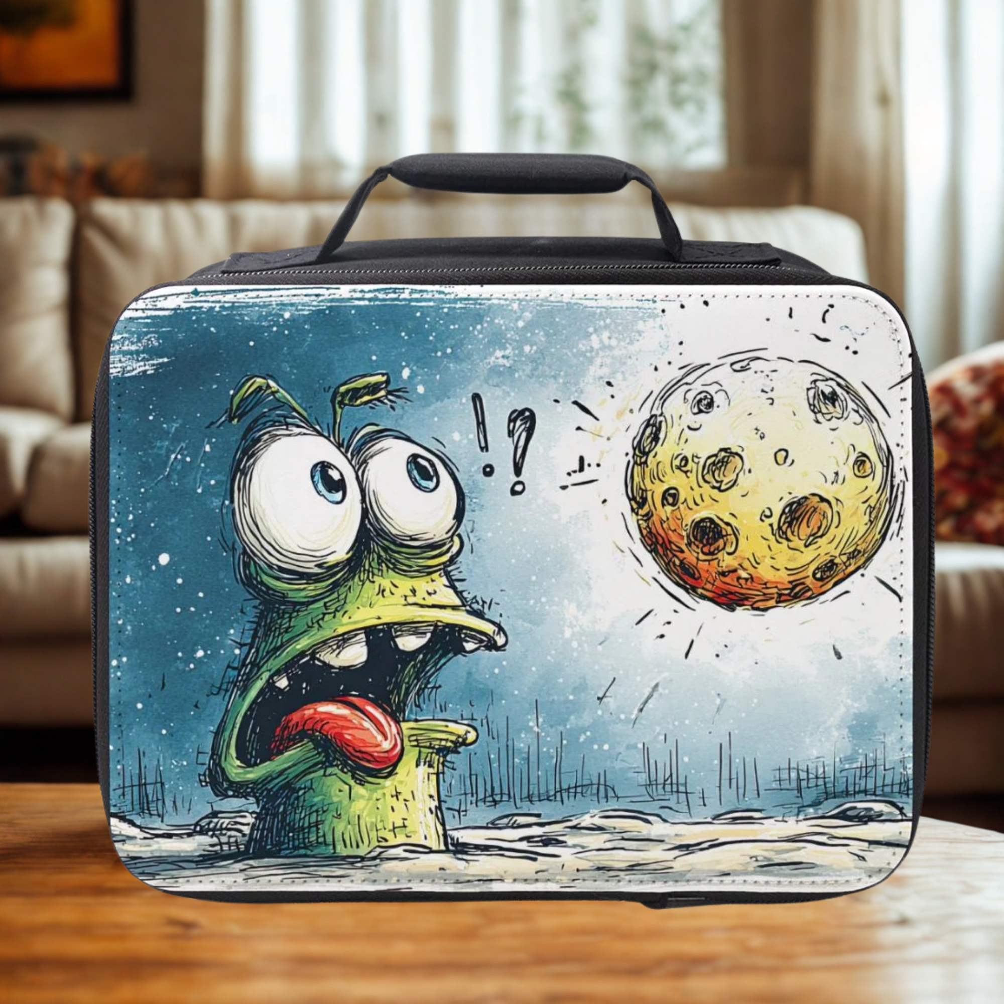  insulated lunch bag with cartoon design of a creature looking at the moon on a table in a living room