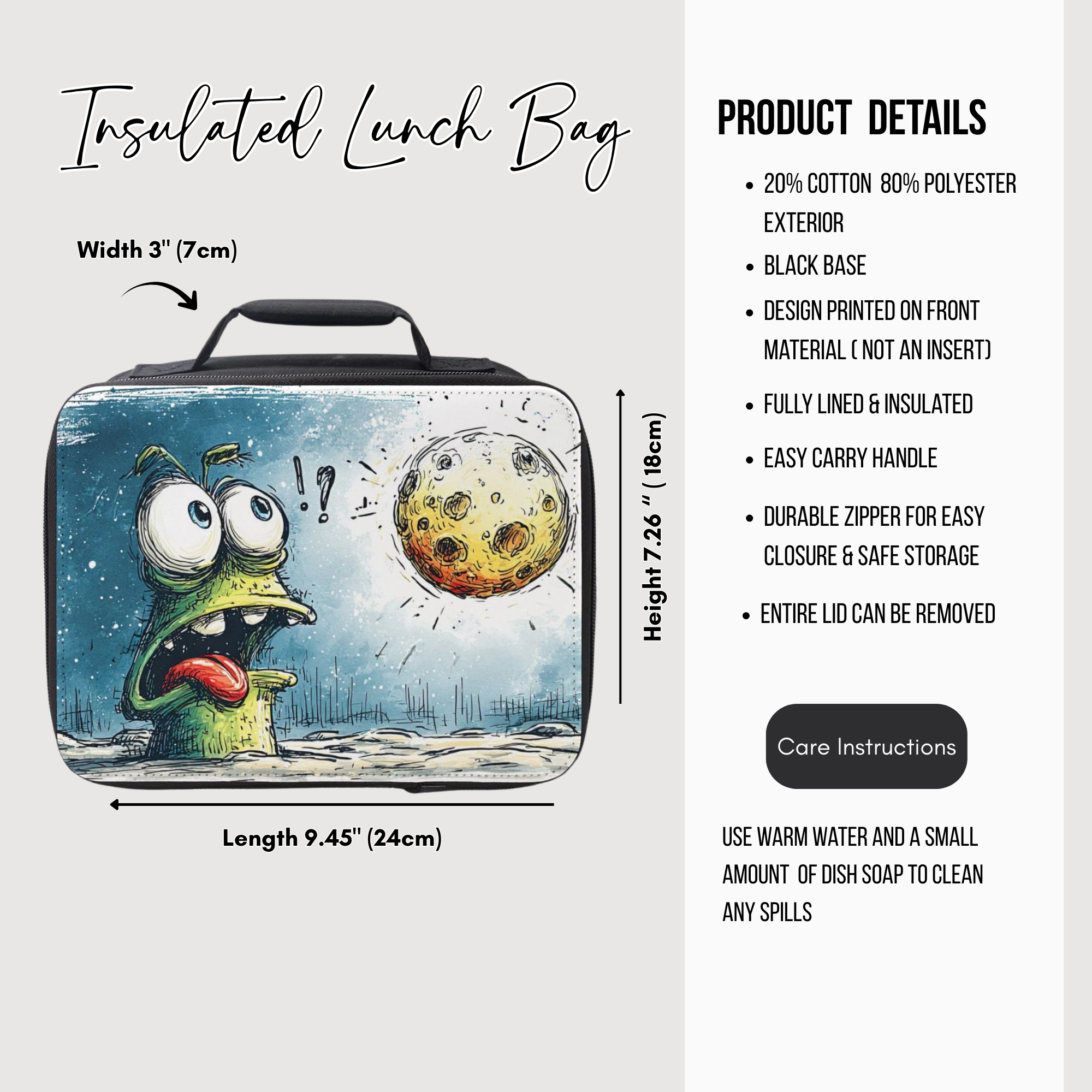 Insulated lunch bag with cartoon design on a white background