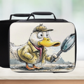 Lunch bag with a cartoon duck detective design on a blurred background