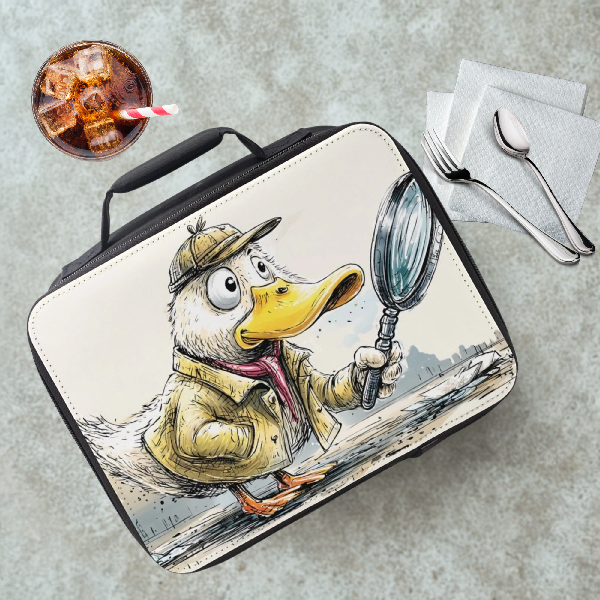 Lunch bag with a duck holding a magnifying glass design on a cafeteria table with a drink and utensils.