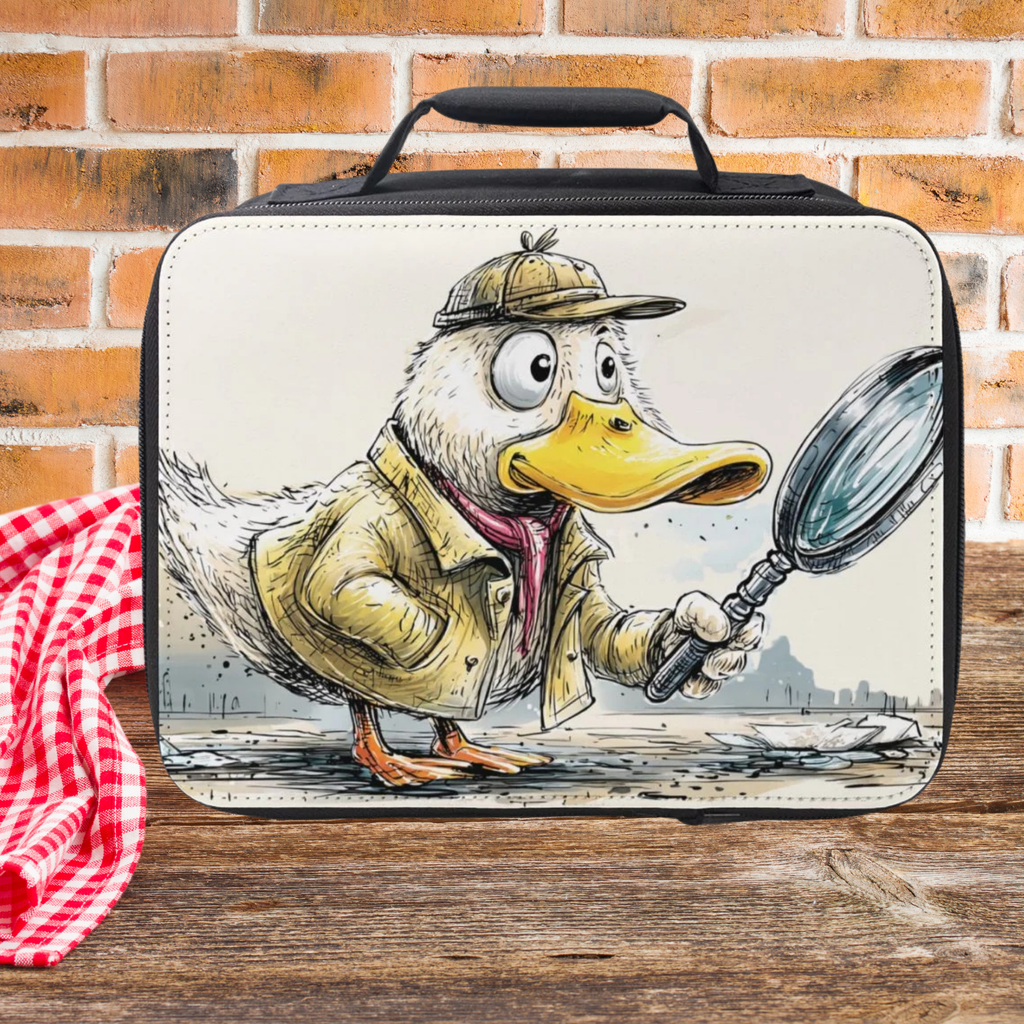Lunch bag with a cartoon duck character holding a magnifying glass against a brick wall background