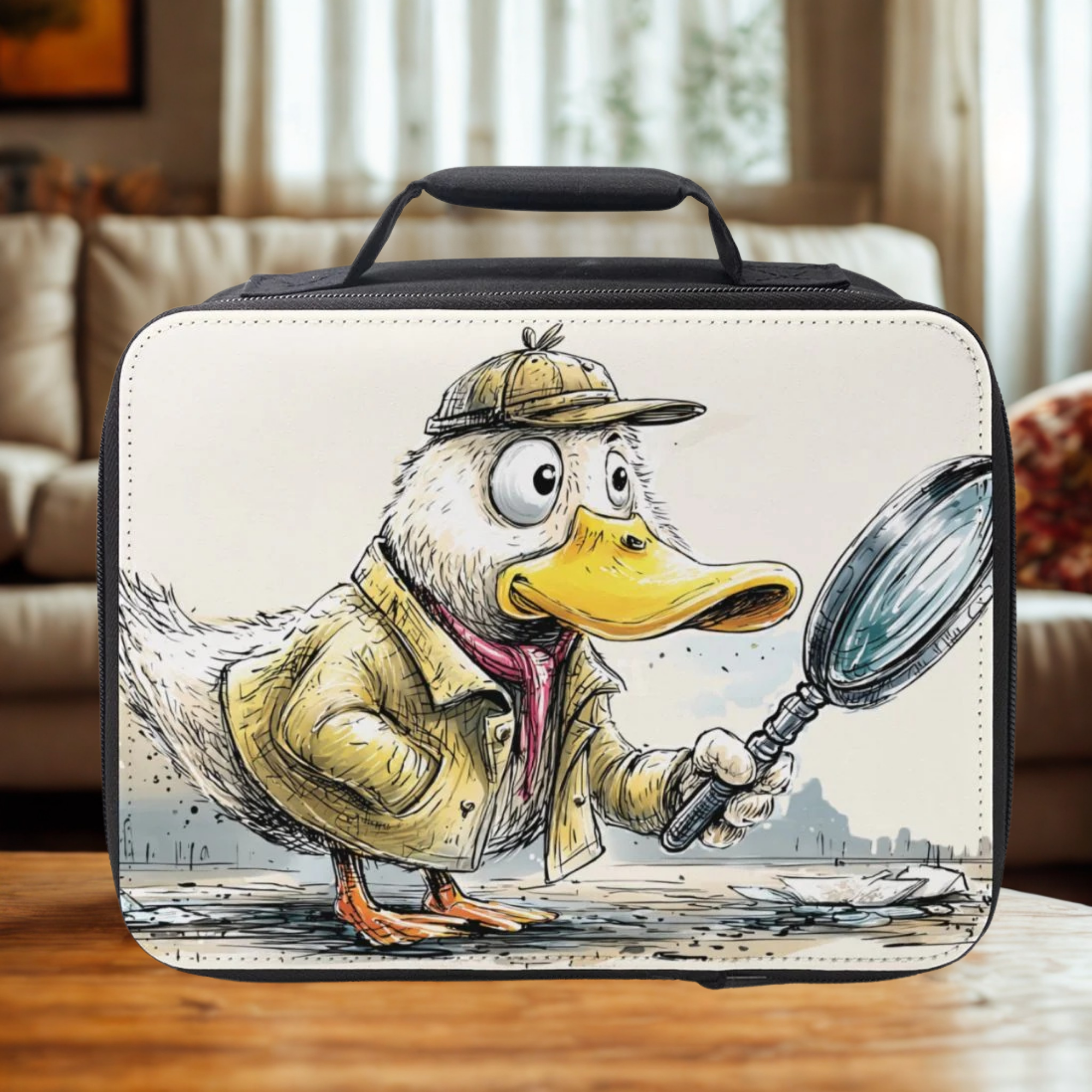 Lunch bag with a cartoon duck detective holding a magnifying glass on a wooden living room table.