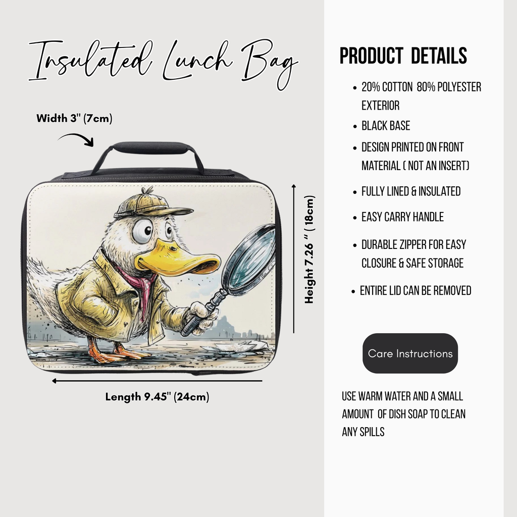 Insulated lunch bag with cartoon duck design and product details on a white background