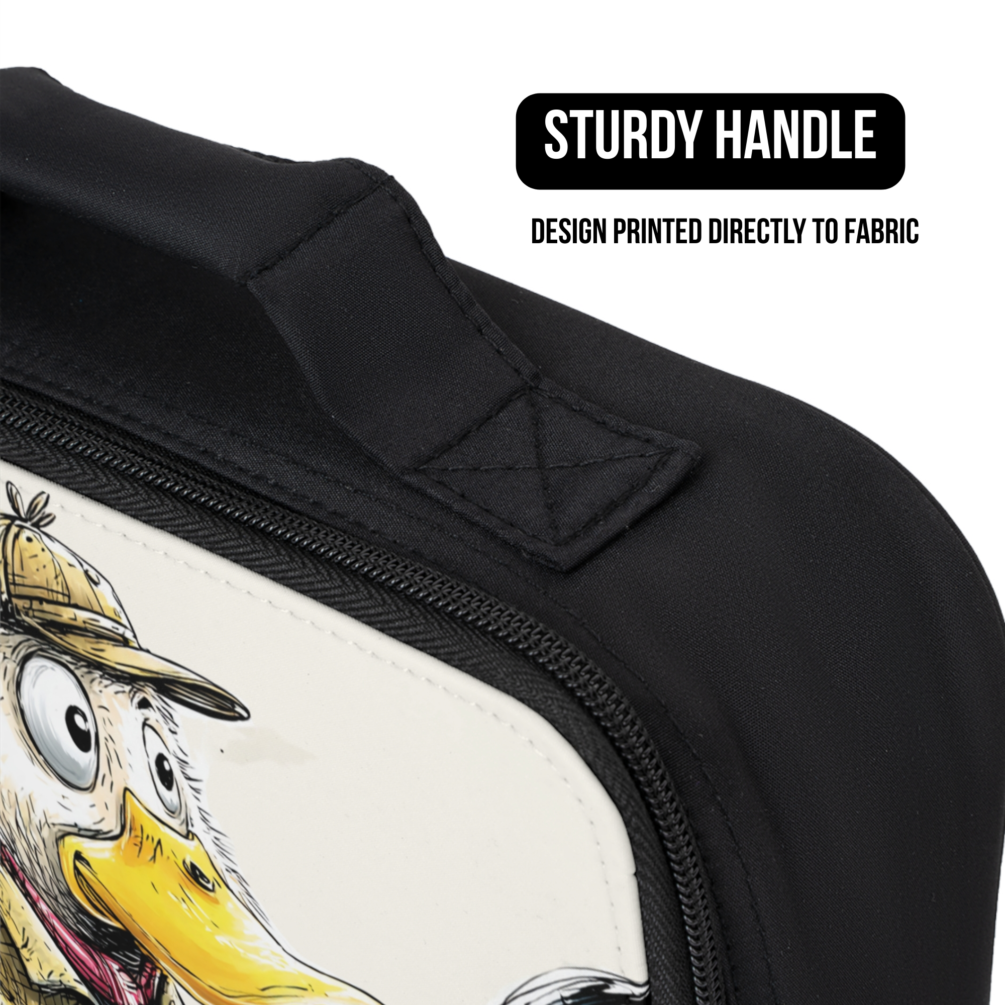 Black lunch bag with a cartoon duck design and text about a sturdy handle and printed fabric.